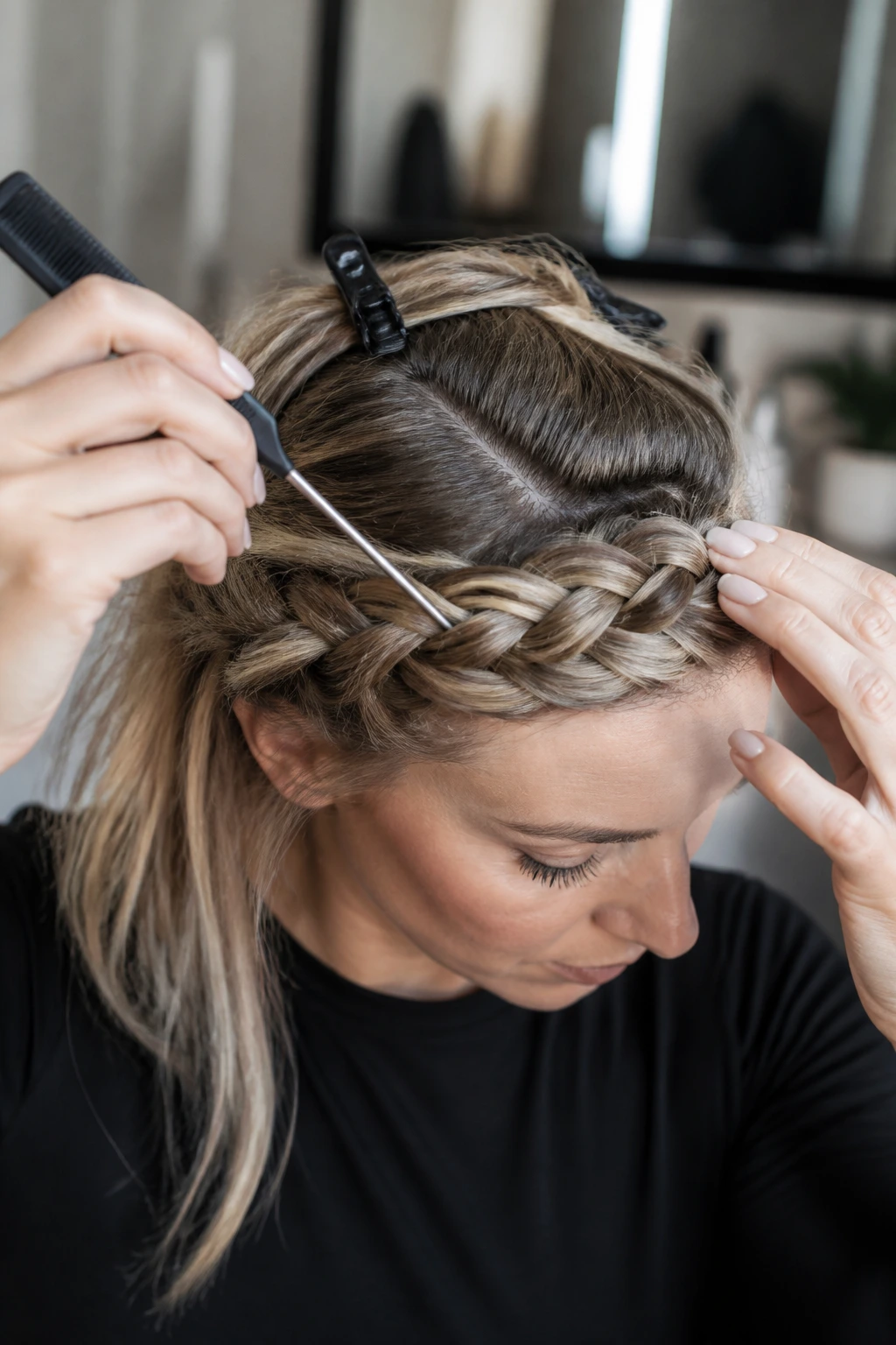 Hands with hair tools parting hair for crown braid on a real person