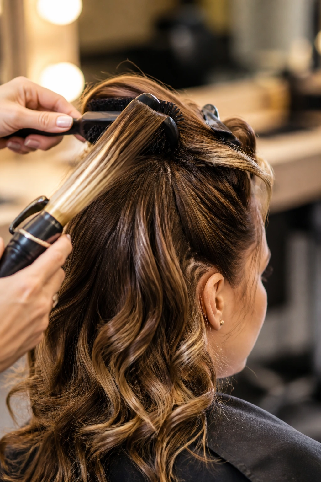 Close-up of hands styling hair with curling iron and brush on a real person.