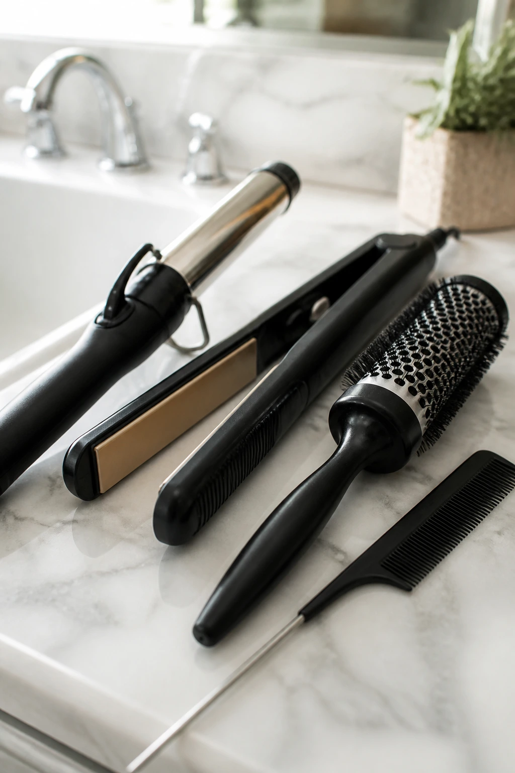 Close-up of essential hair tools on a bathroom counter