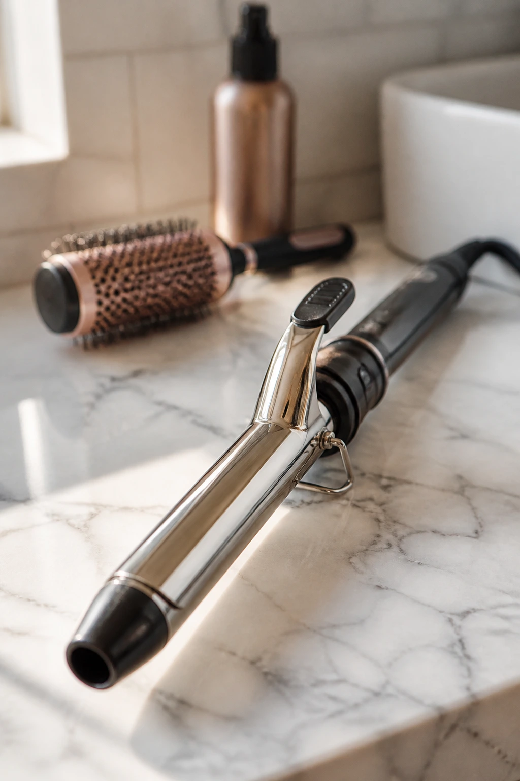 Close-up of a 1-inch curling iron on a bathroom counter, highlighting essential medium-hair tools
