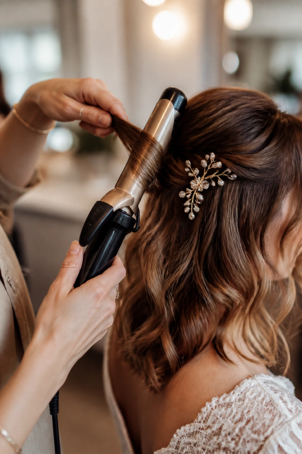 Close-up of curling iron being used by stylist in bright salon