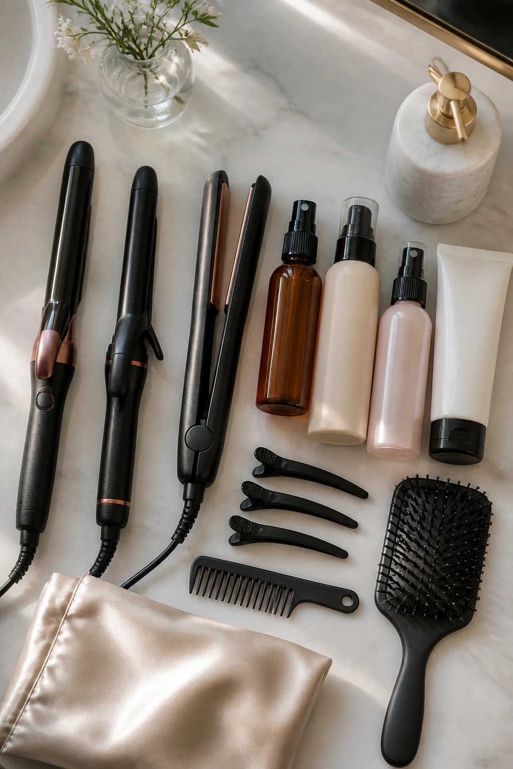 Top-down view of hair styling tools arranged on a bathroom counter