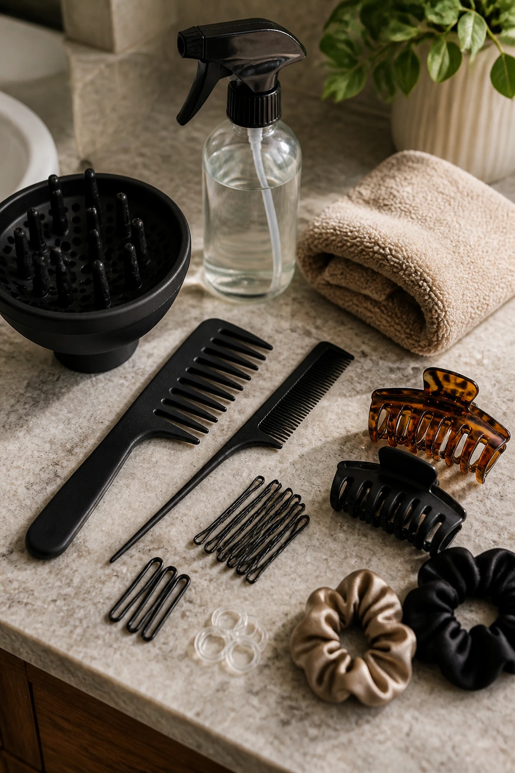 Close-up of multiple hairstyling tools on a bathroom counter