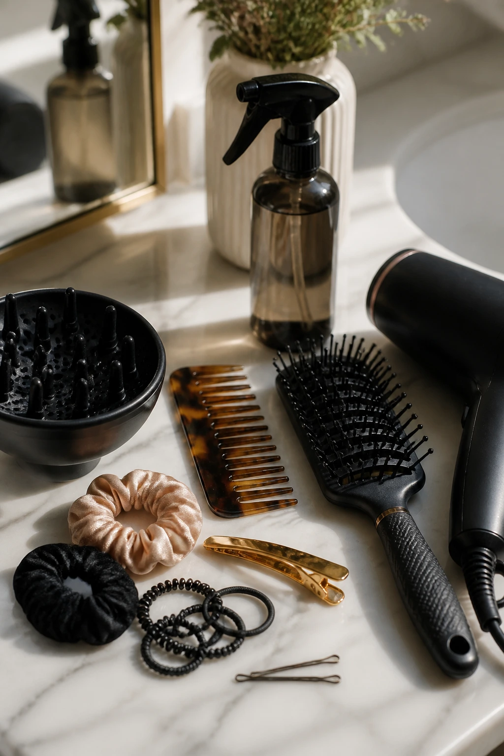 Close-up still life of essential curly-hair tools on bathroom counter.