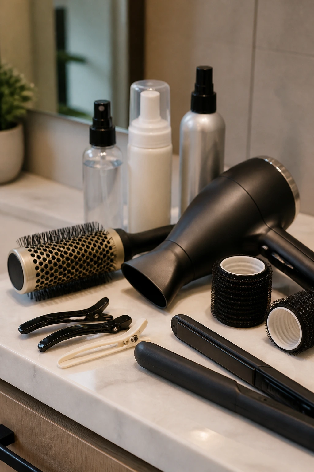 Close-up of hair styling tools arranged on a surface