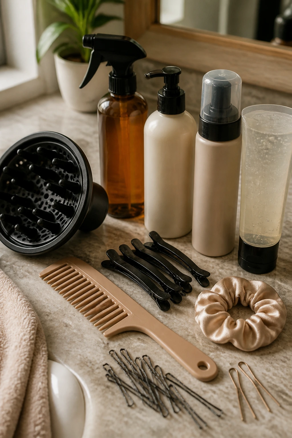 Close-up of essential hair tools for 3b curls on a bathroom counter