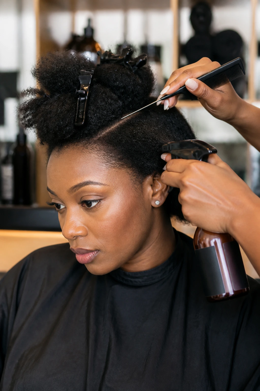 Portrait of a person using essential hair tools on thick natural hair