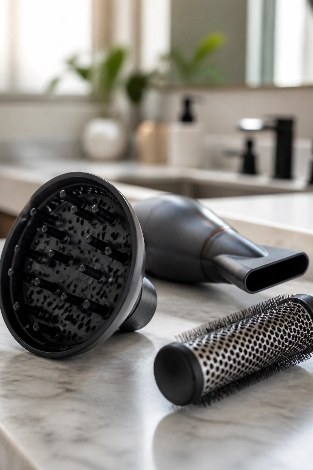 Close-up of hair tools for gray waves including diffuser and round brush