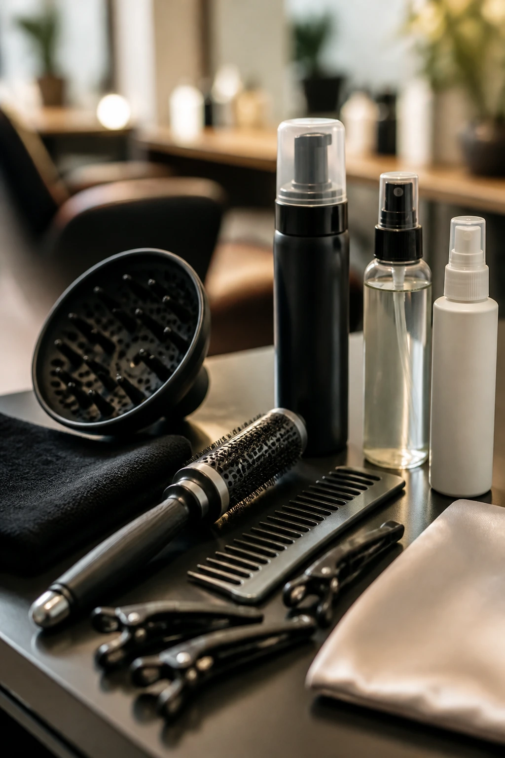 Close-up of hair tools on a salon station