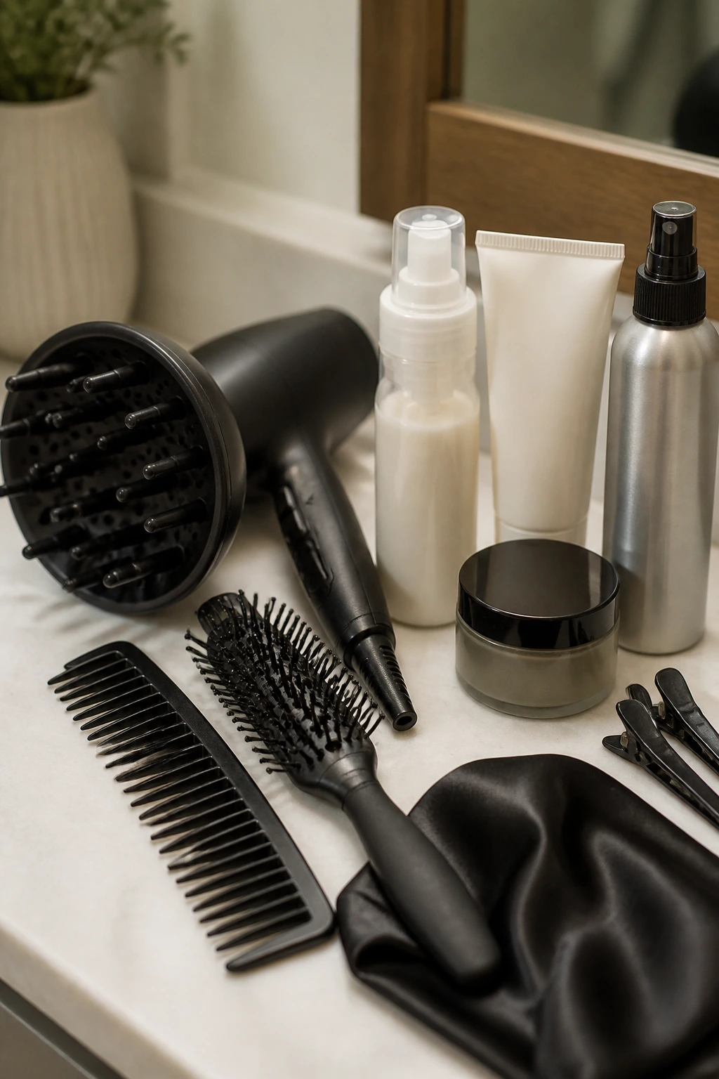 Close-up of essential hair tools on bathroom counter for short wavy hair