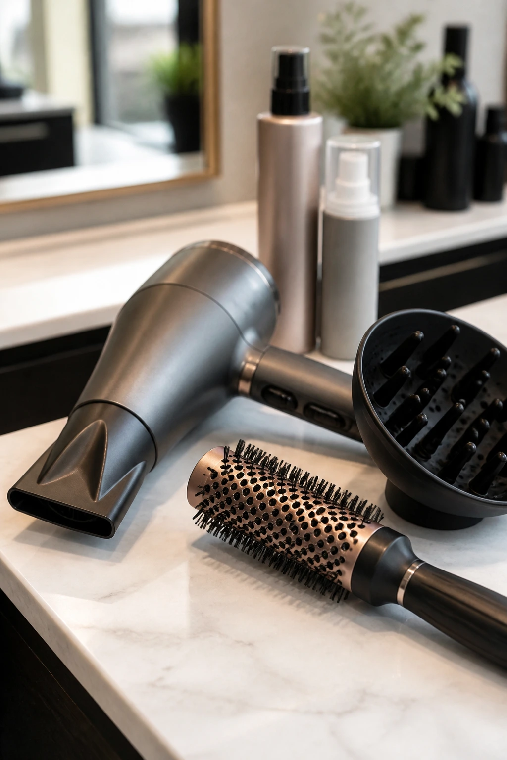 Close-up of hair tools such as a dryer nozzle, round brush, and diffuser arranged on a surface in a salon-like setting.