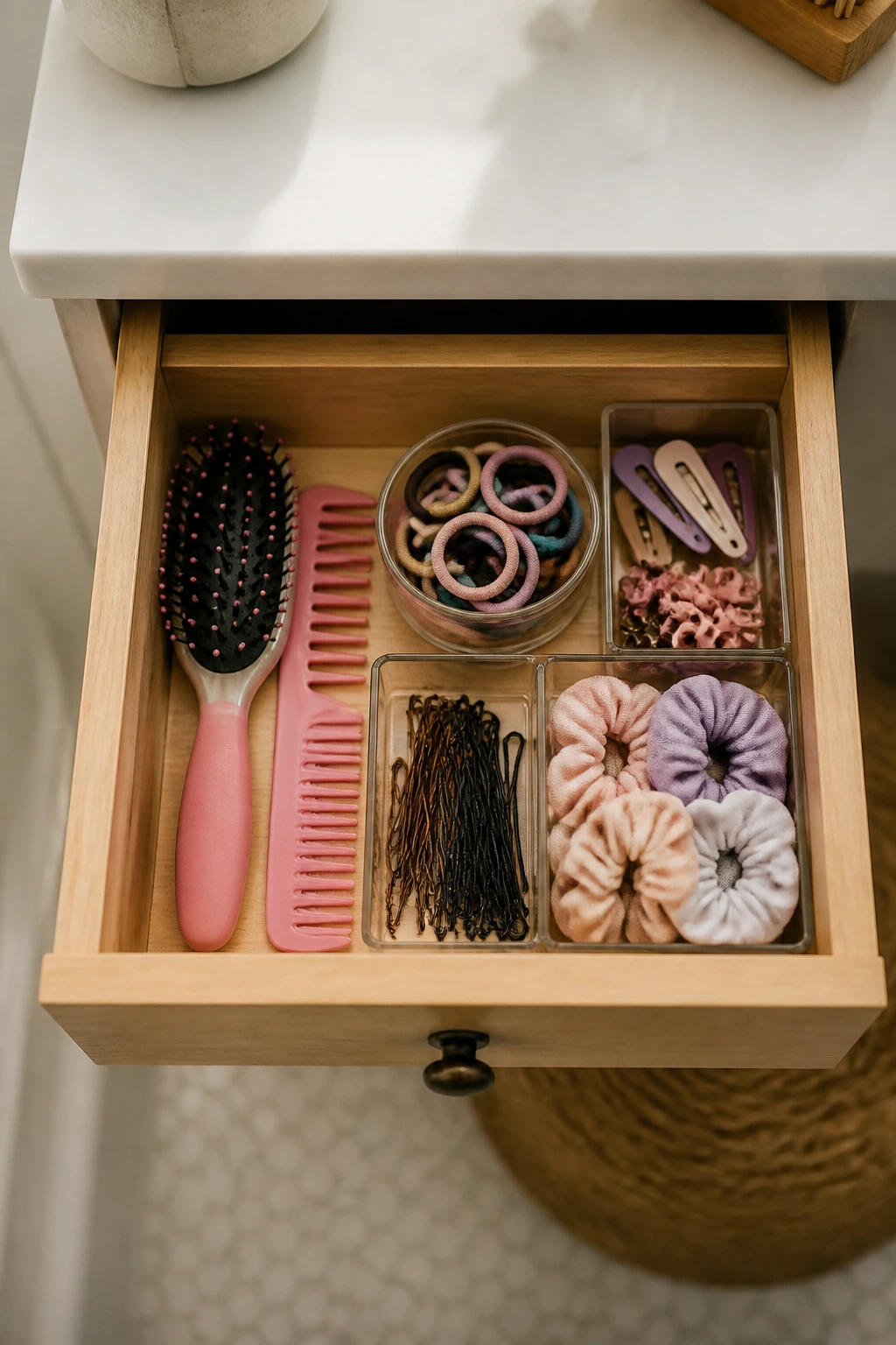 Top-down view of a small drawer with hair tools neatly arranged.