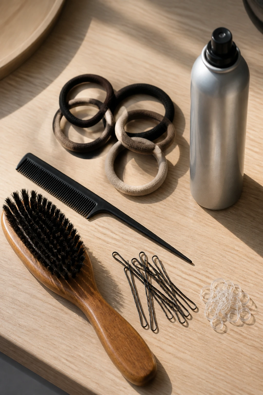 Top-down shot of essential hair tools arranged on a light wood desk.