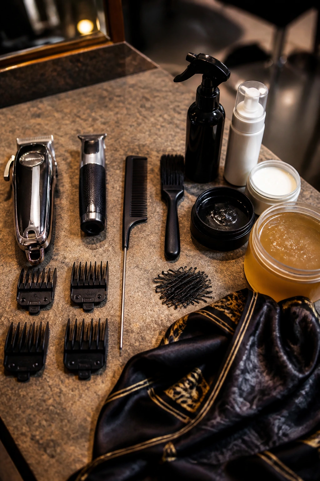Top-down view of essential hairstyling tools on a salon counter