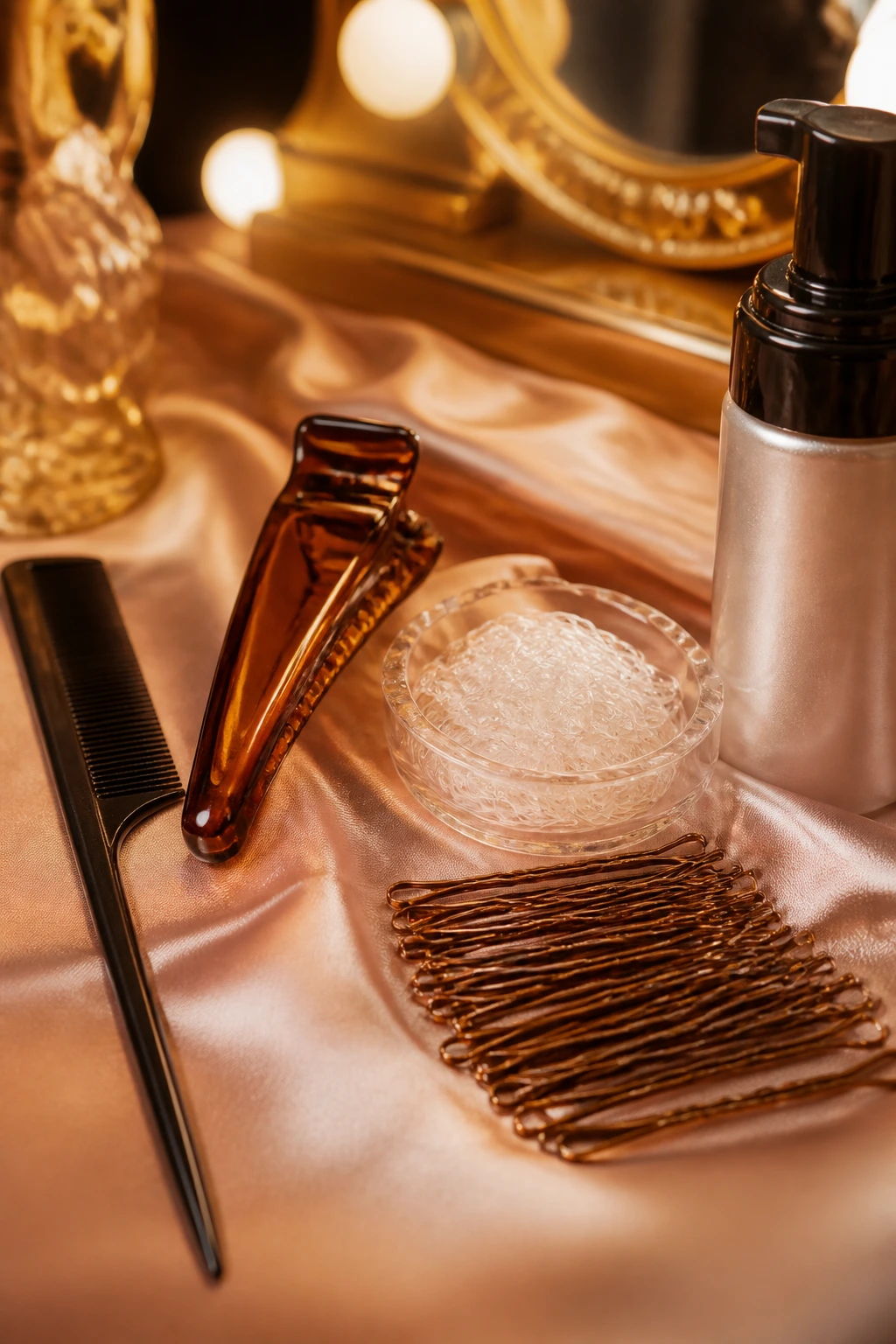 Close-up of essential vintage braid tools on satin surface