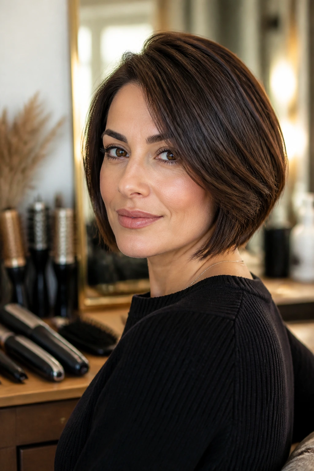 Woman with a bob in a softly lit room with blurred vanity tools in the background