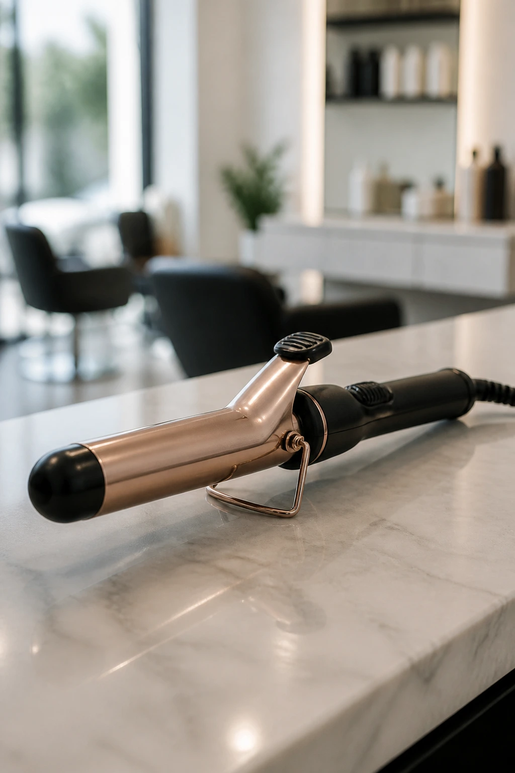 Close-up of a curling iron on a minimalist salon counter