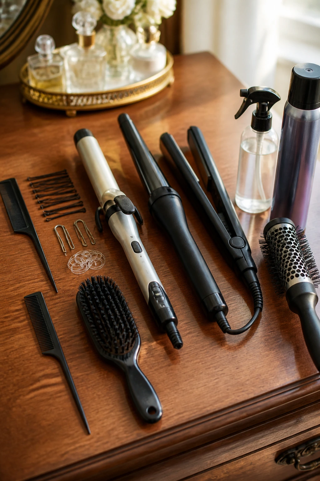 Top-down view of essential prom hair tools on a vanity