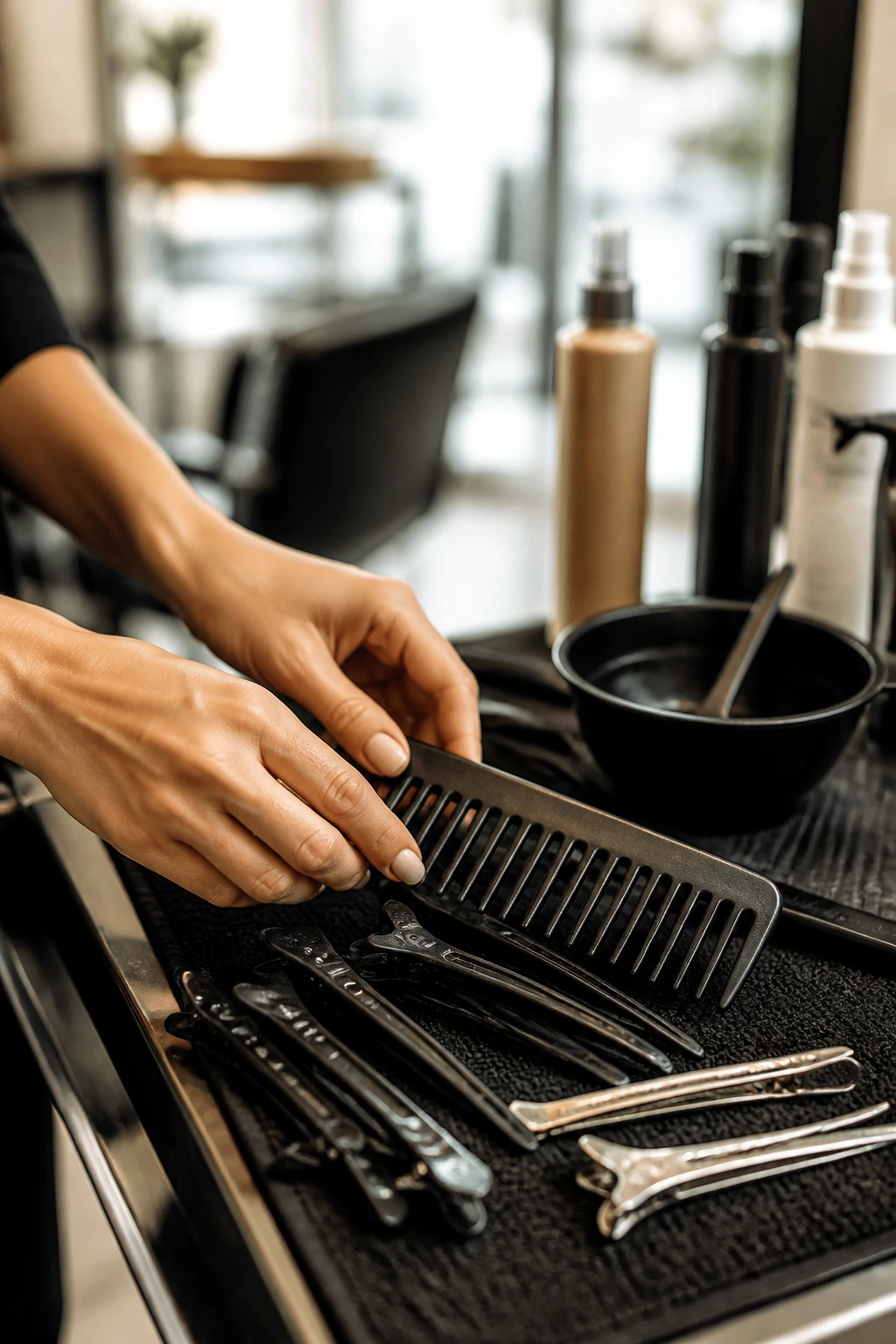 Hands organizing hair tools on a salon counter in daylight