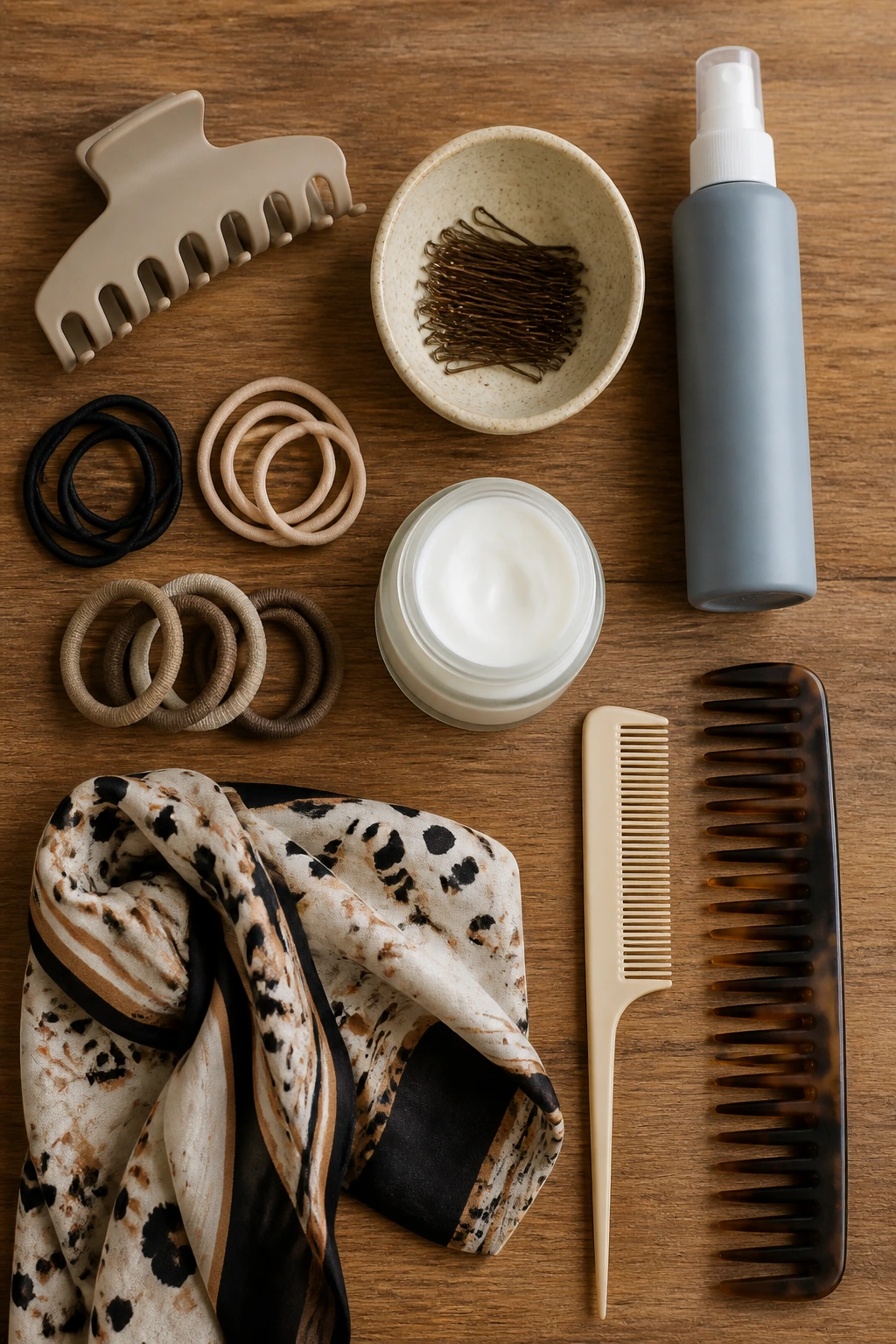 Top-down view of essential hair styling tools on a wooden surface