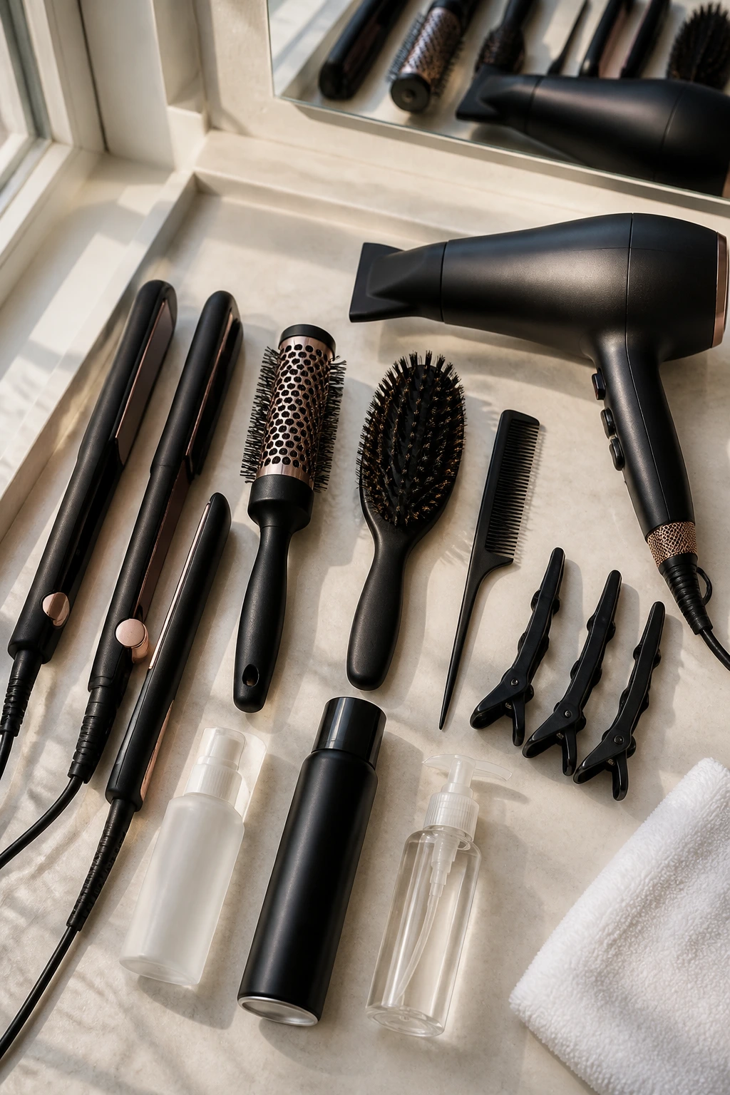 Top-down view of essential hair-styling tools arranged on a vanity