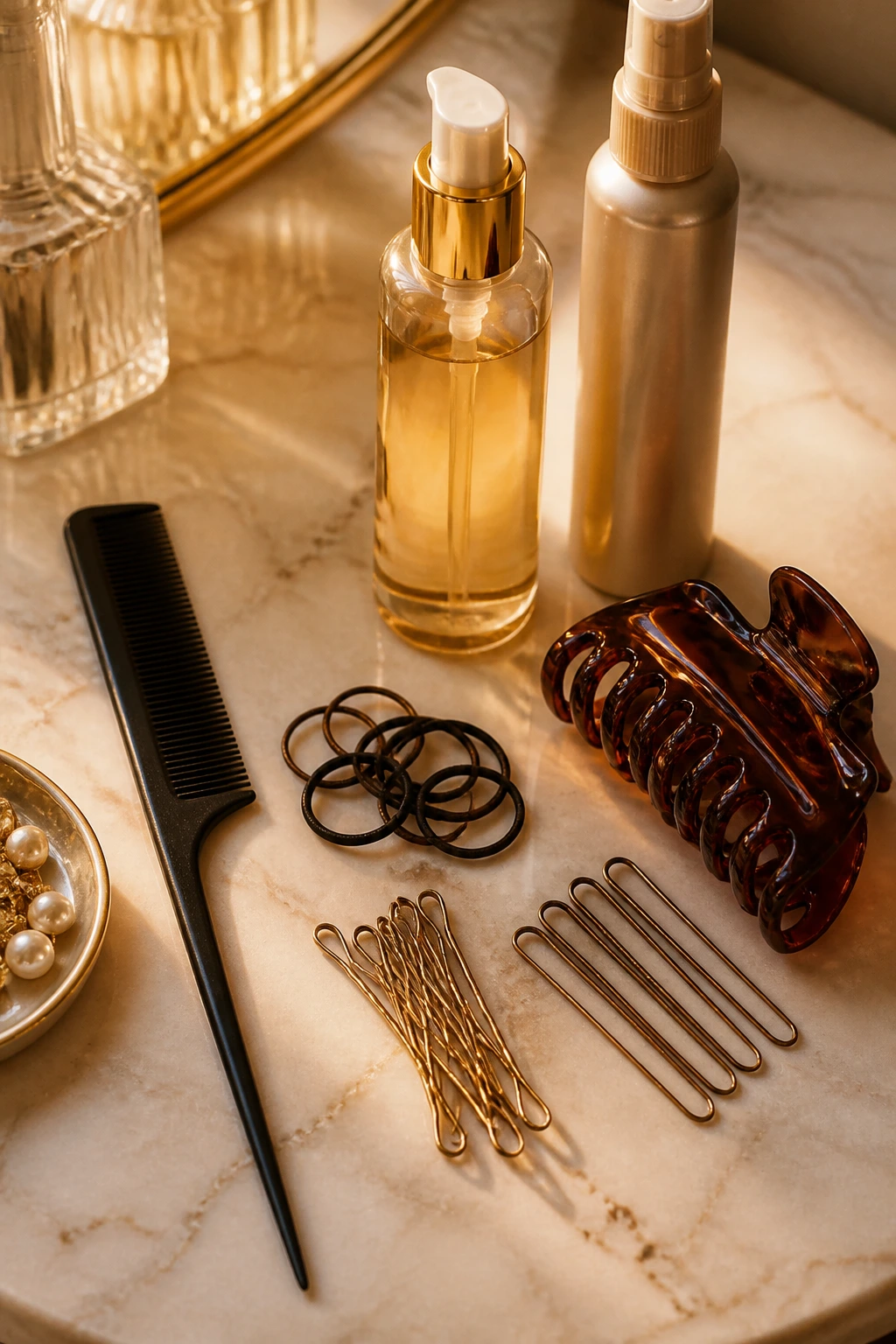 Close-up of essential hair tools laid out on a vanity