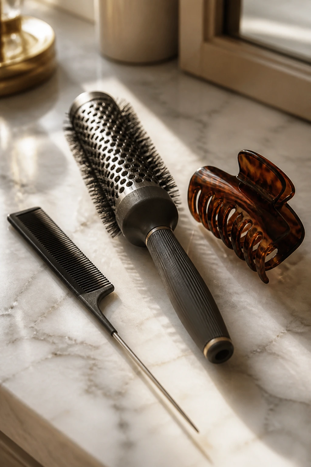 Close-up of essential hair tools (tail comb, round brush, claw clip) on a marble vanity.