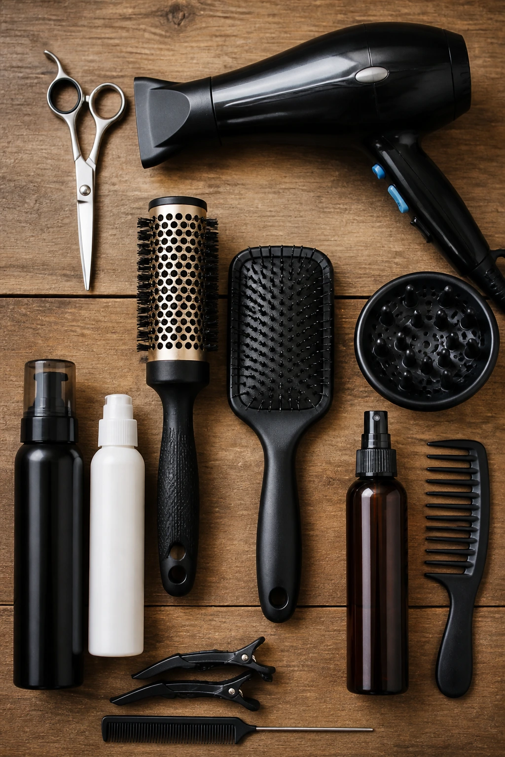 Top-down arrangement of essential hair styling tools