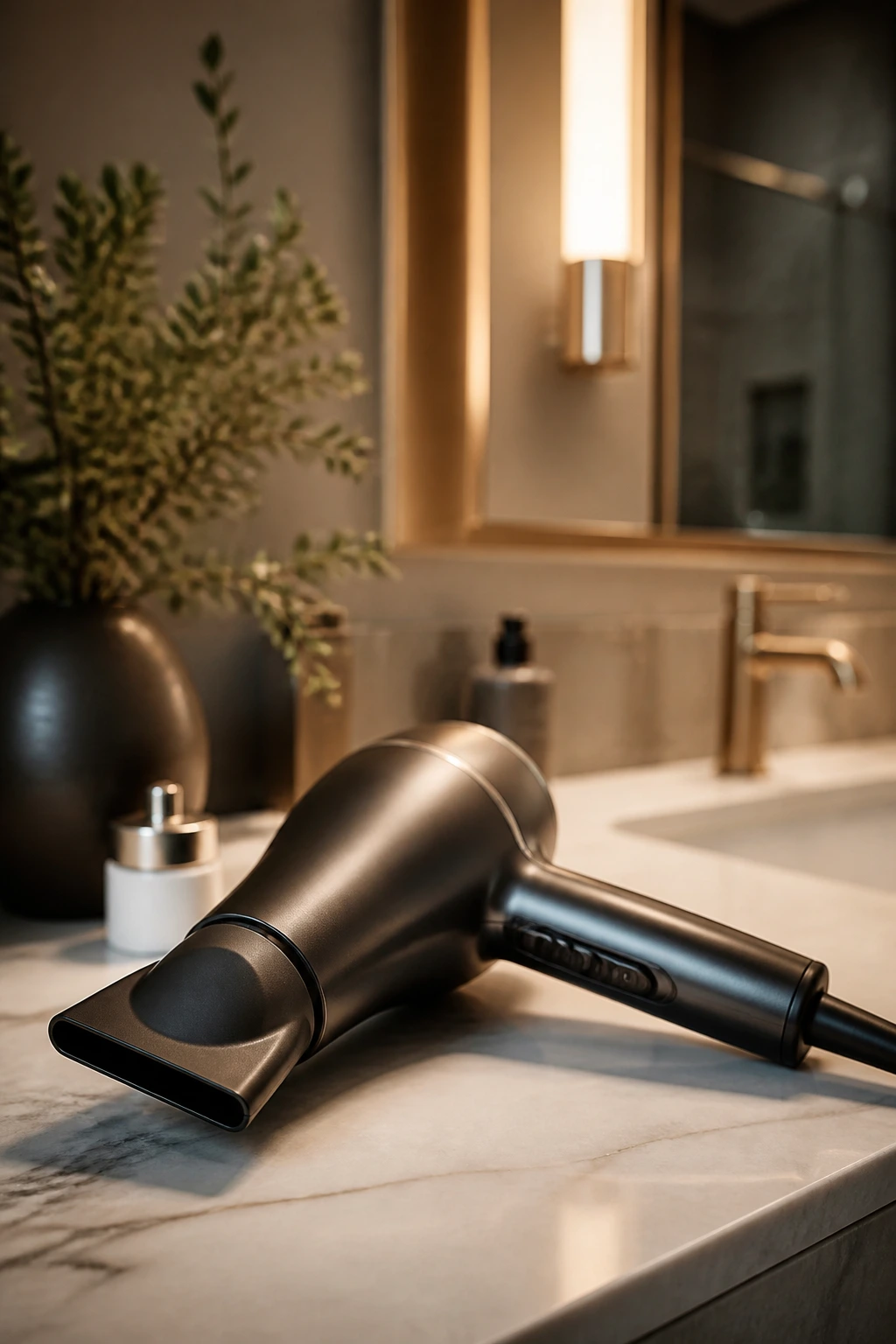 Close-up of a blow dryer with nozzle on a vanity in a bathroom