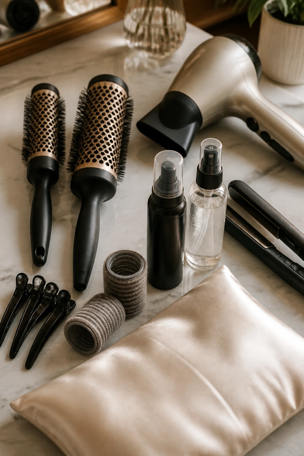 Close-up of feathered short hair styling tools arranged on a salon counter
