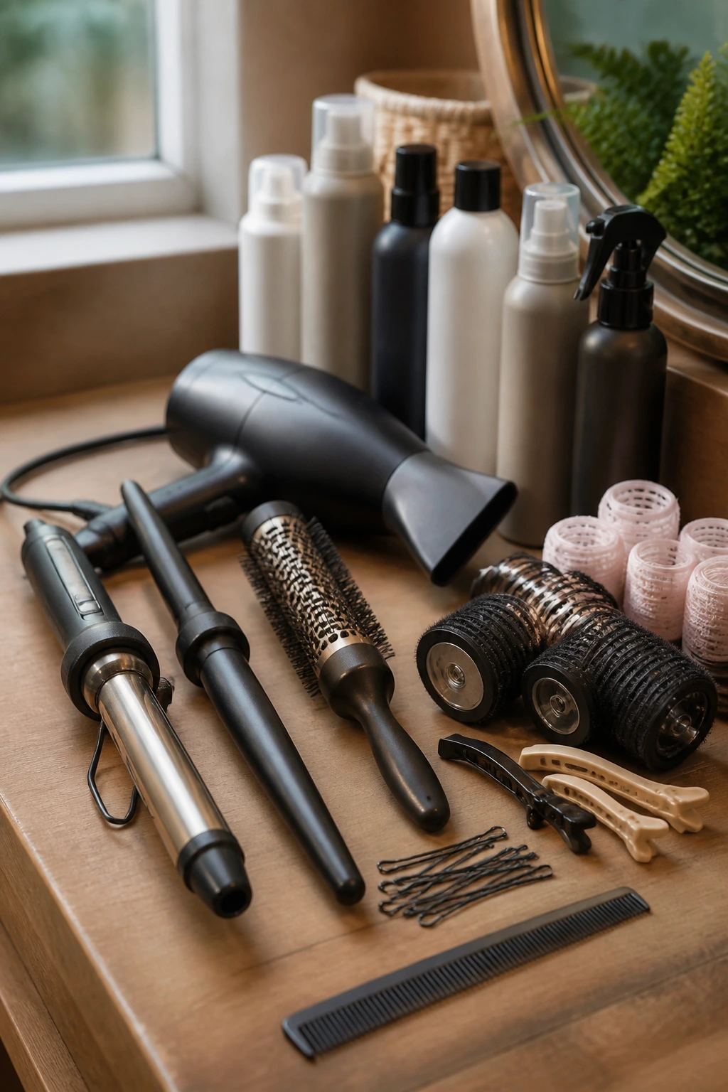Close-up of hair styling tools arranged on a vanity for fine hair