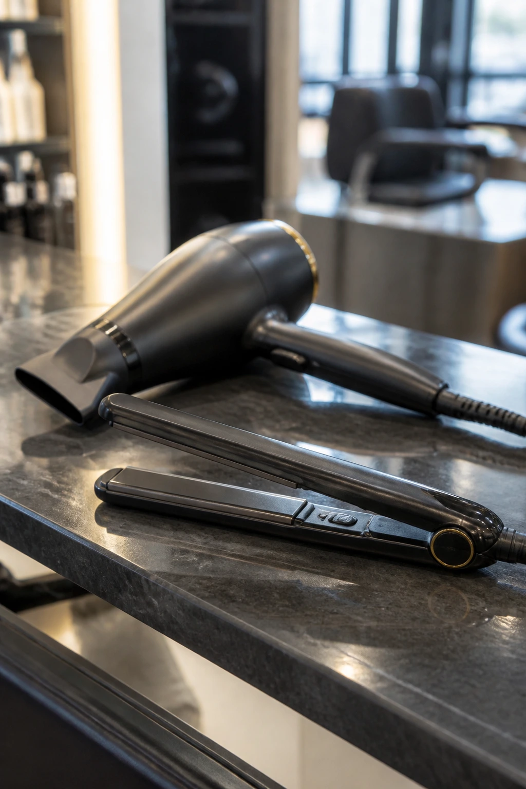 Close-up of essential hair styling tools (flat iron and blow dryer) on a salon counter