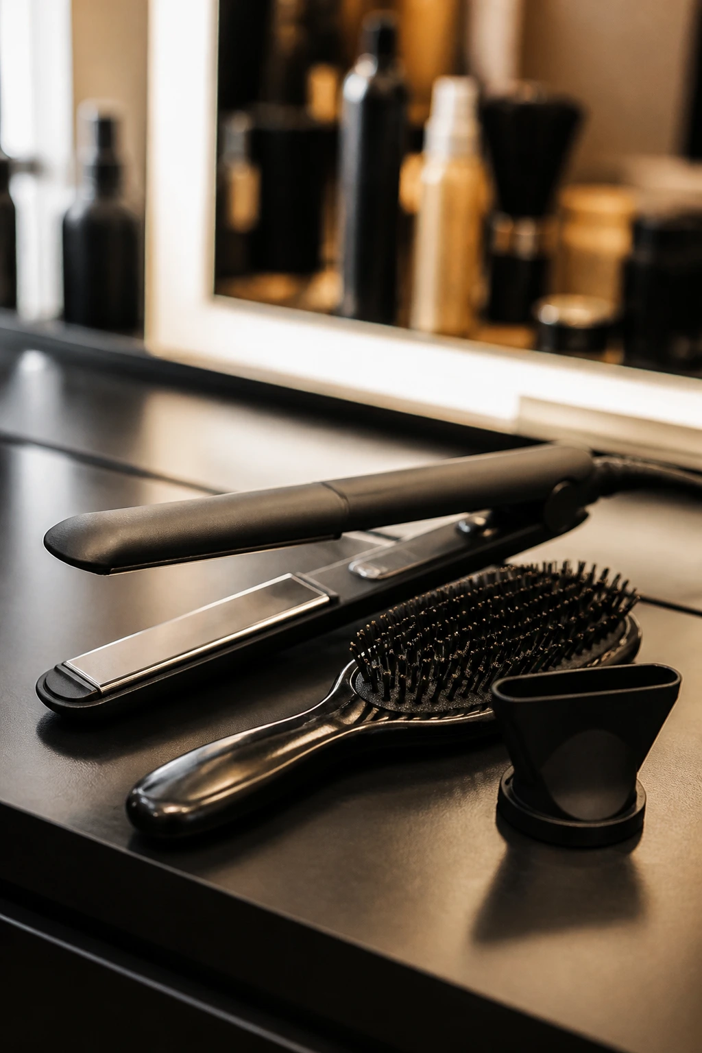 Close-up of essential hair smoothing tools arranged on a counter