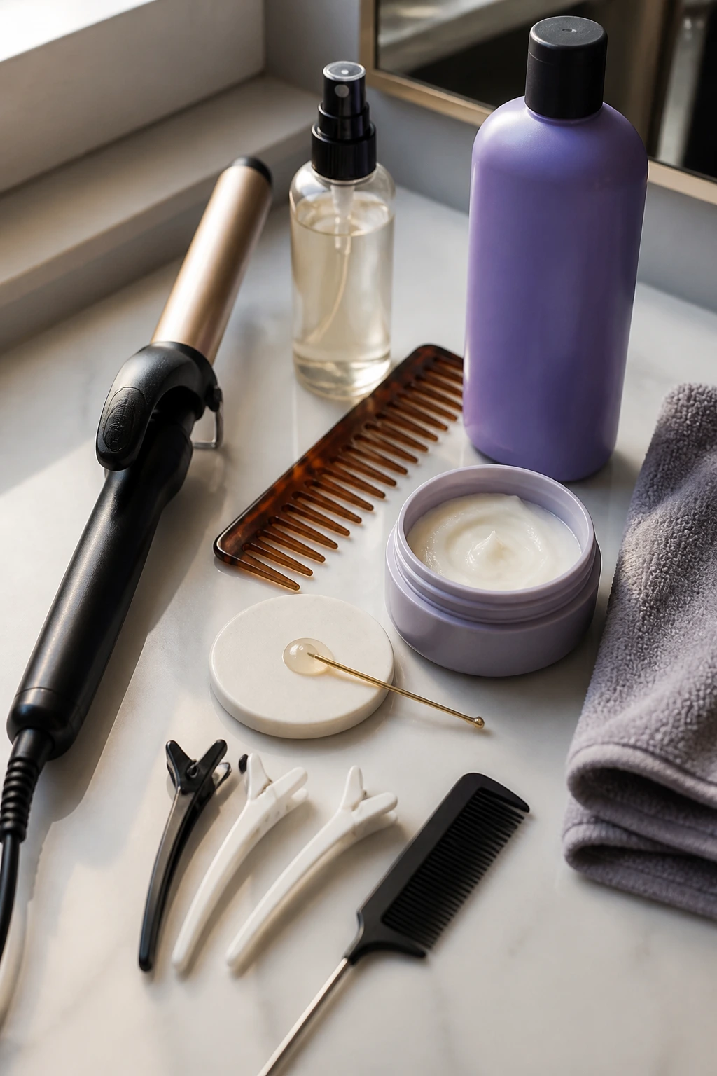 Flat lay of hair tools and products for shaping long blonde waves on a bathroom counter
