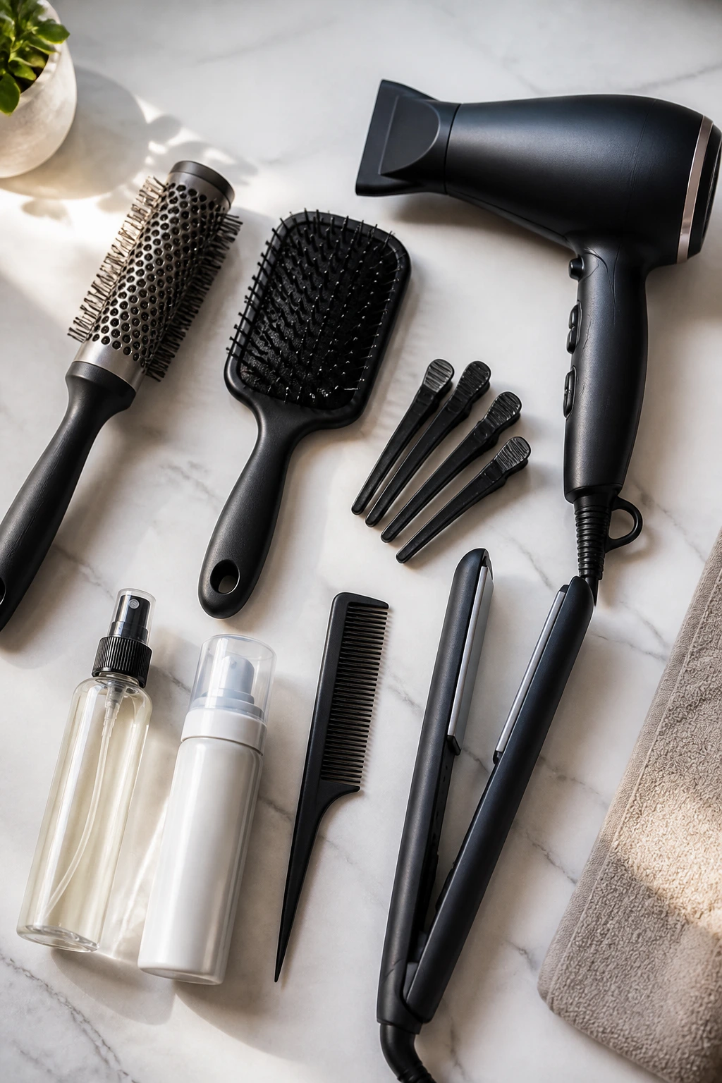 Flat lay of hair styling tools for bob cuts arranged on a clean surface