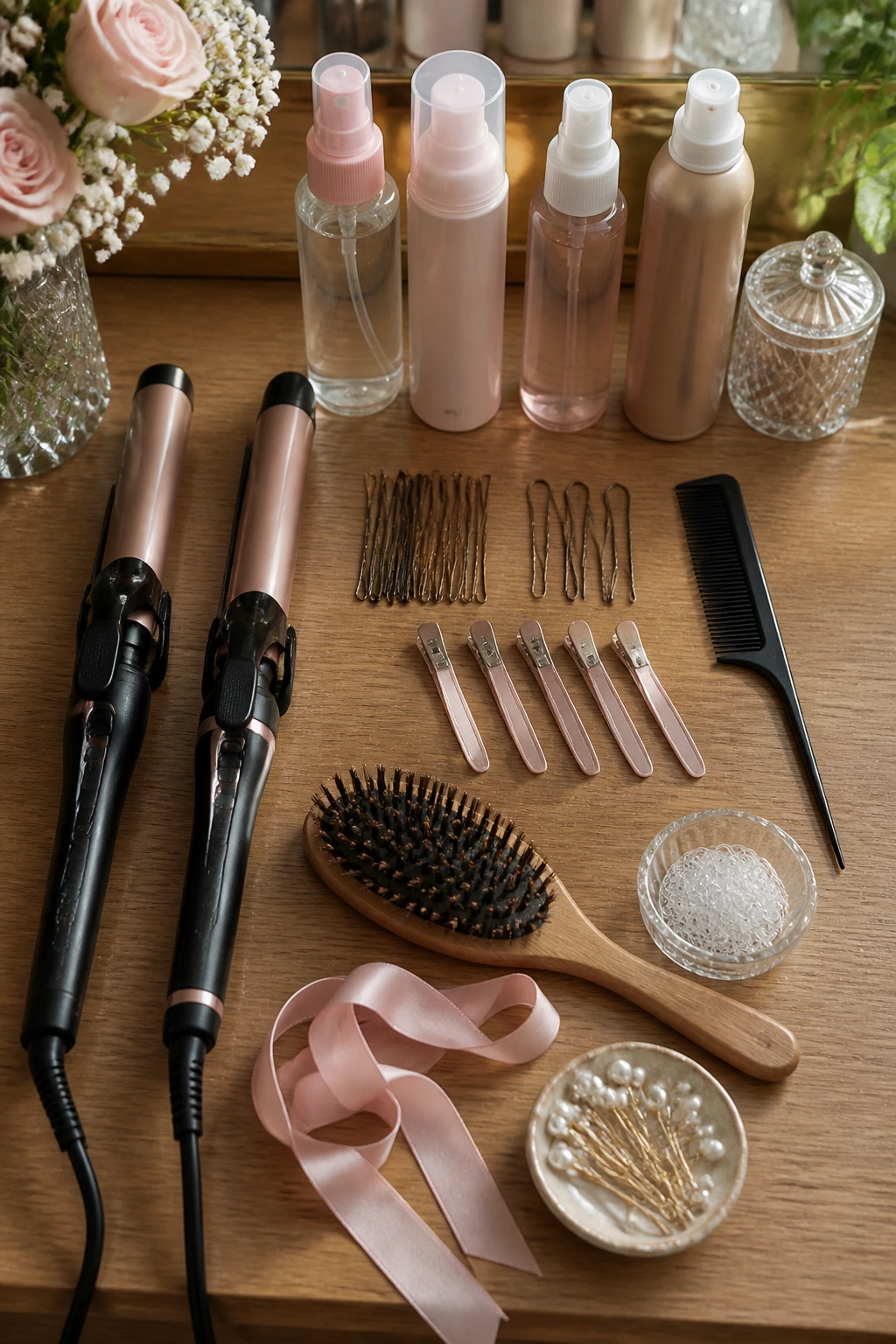 Flat lay of essential hair-styling tools for romantic hairstyles
