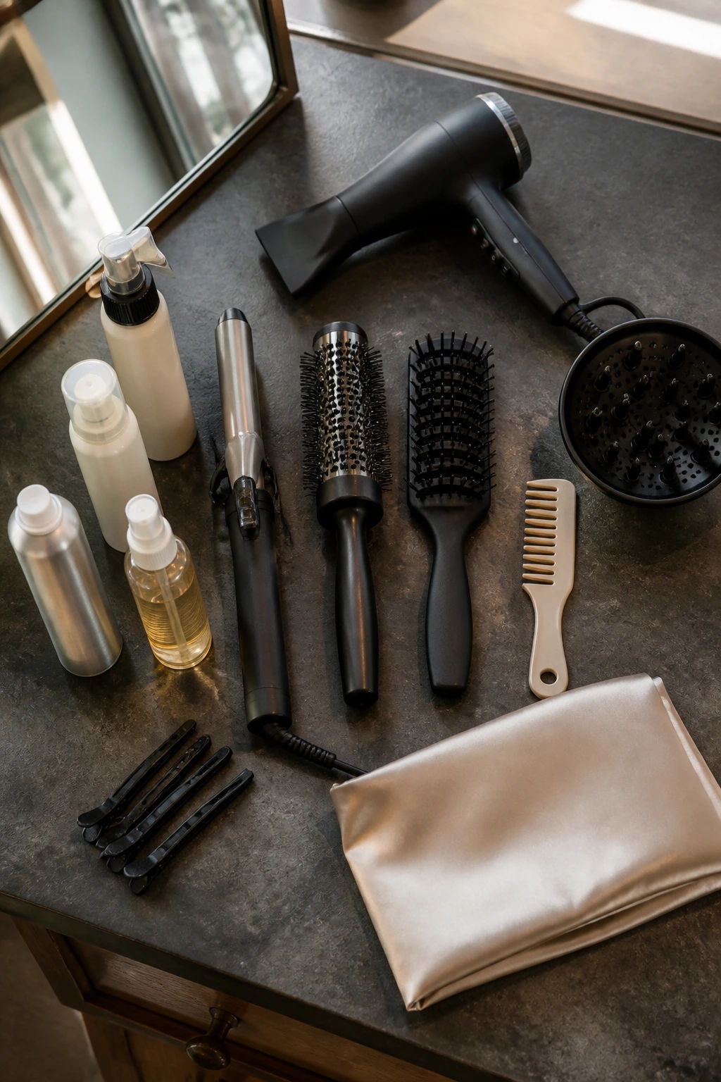 Flat lay of essential hair styling tools for mullet shag cuts