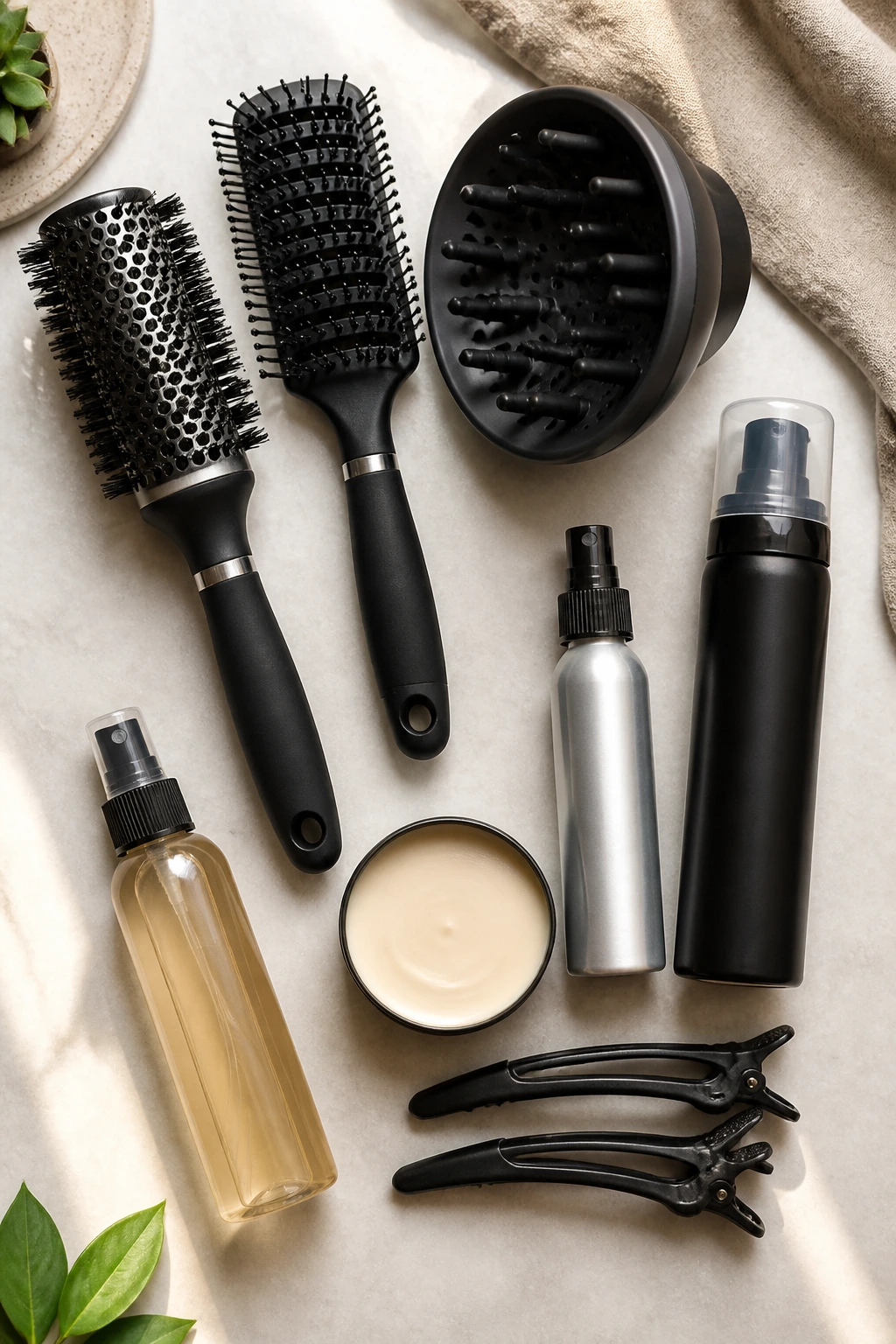 Flat-lay of hair styling tools for short hair.