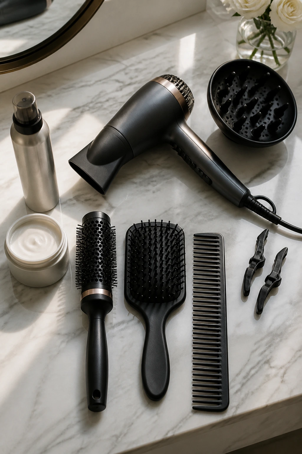 Flat lay of hair styling tools on a vanity with no labels