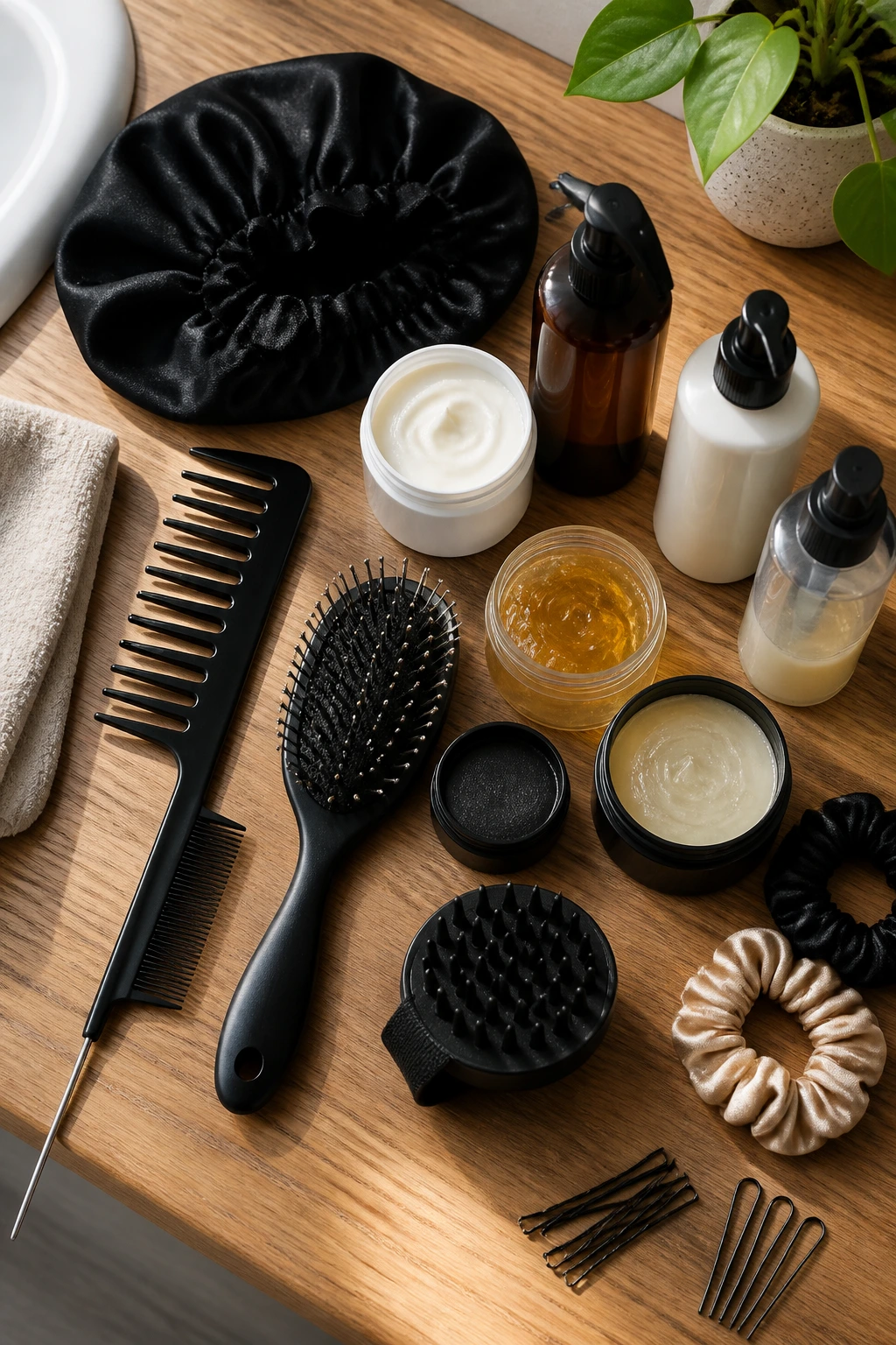 Flat lay of essential hair tools for natural hairstyles on a vanity