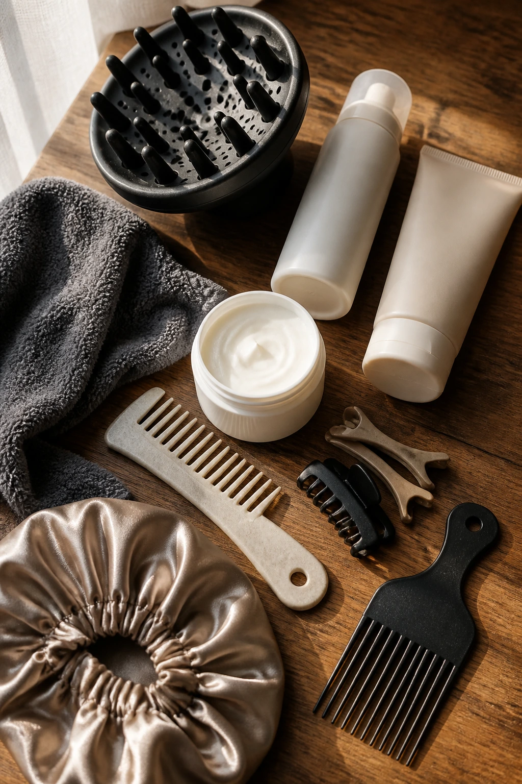 Top-down close-up of unlabeled styling tools on wood surface