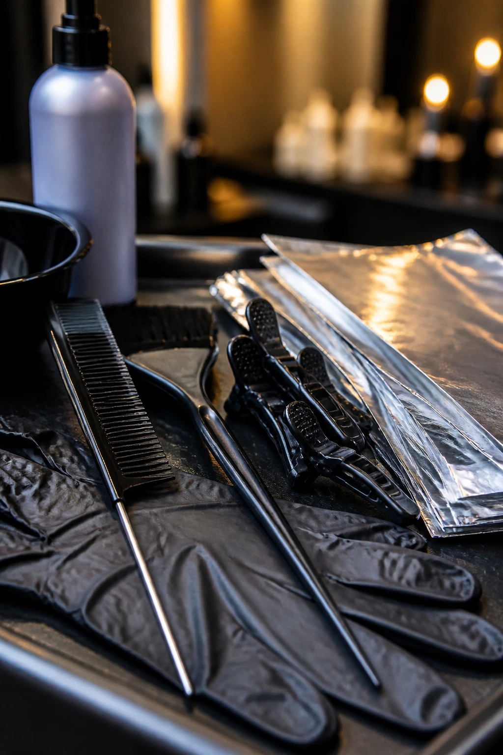 Close-up of essential hair coloring tools on a salon station.