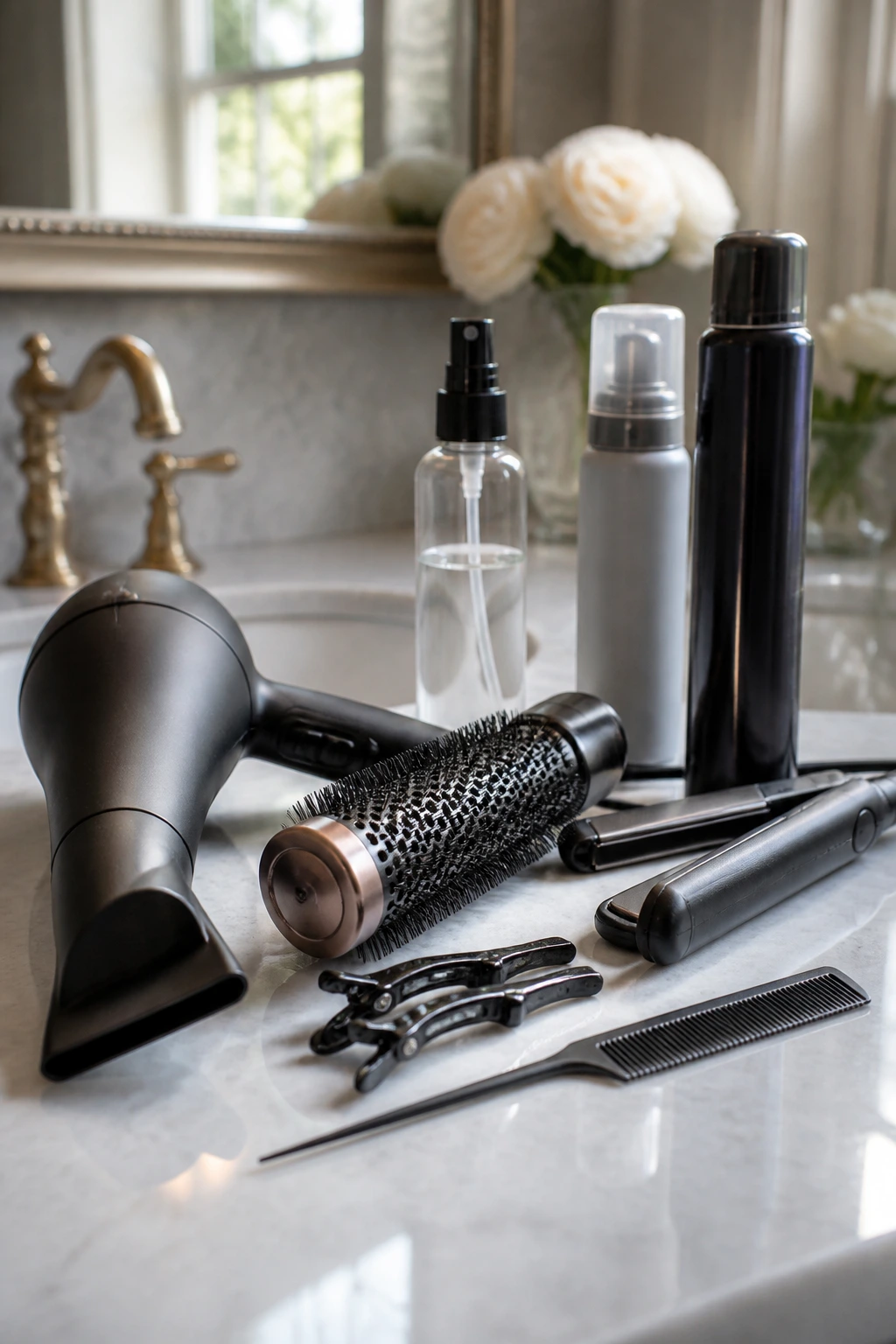Close-up of hair styling tools for fringe shaping on a bathroom counter