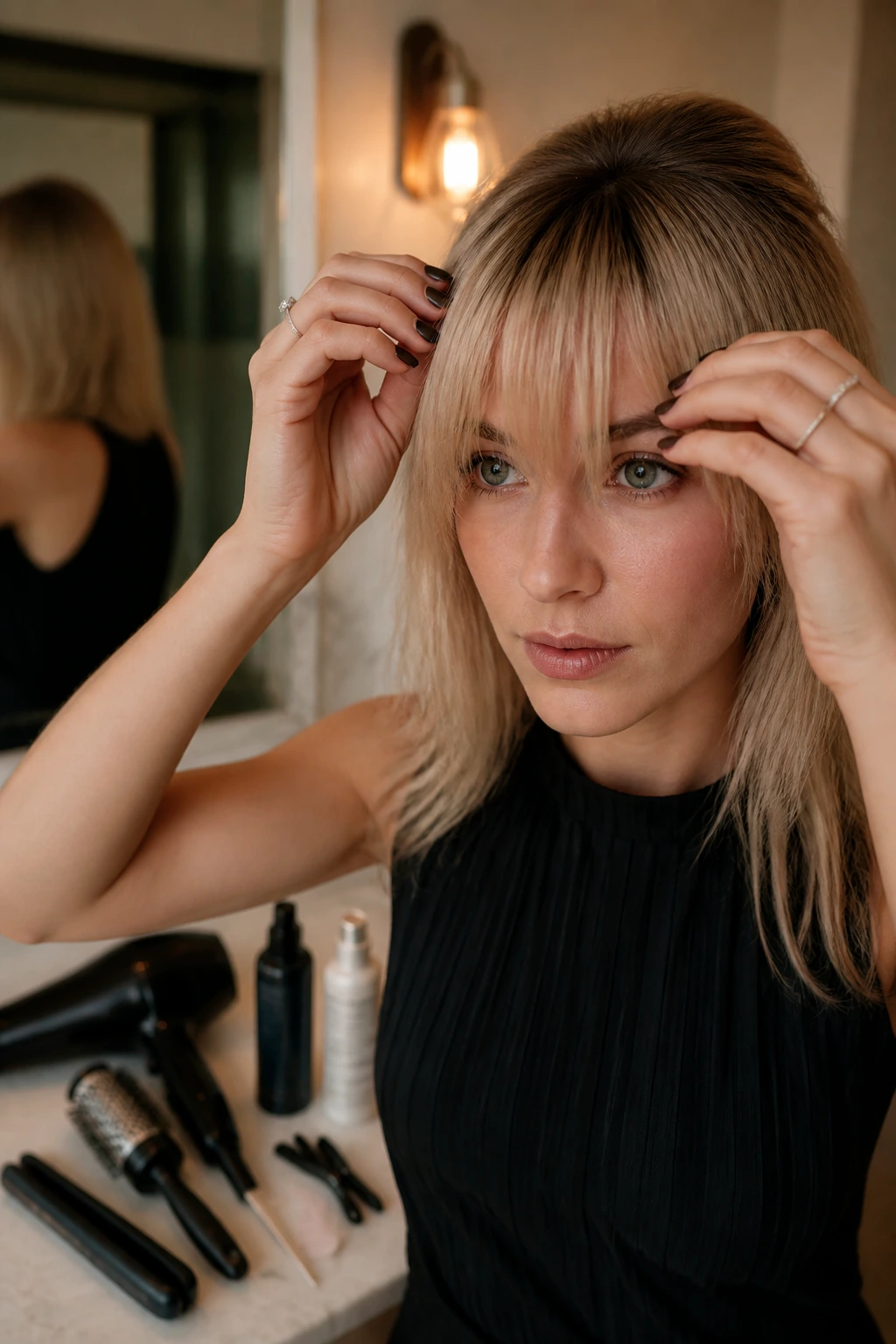 Portrait of a person with fringe being styled using tools