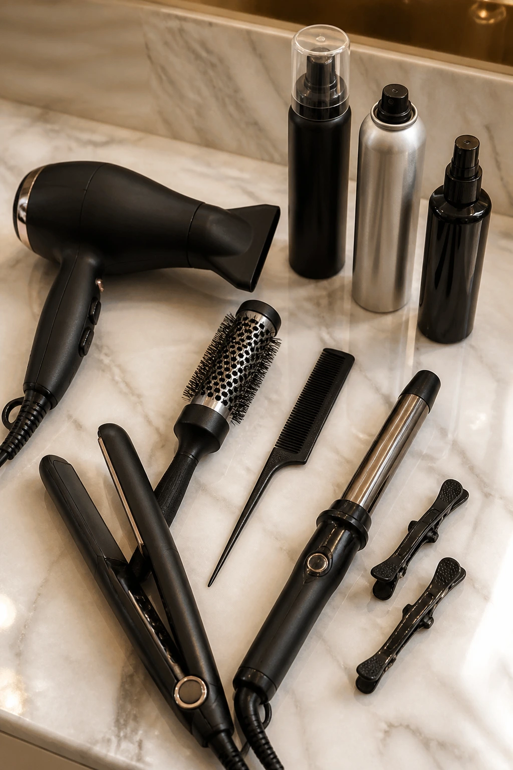 Flat-lay of essential hair tools for short fringe on a bathroom counter