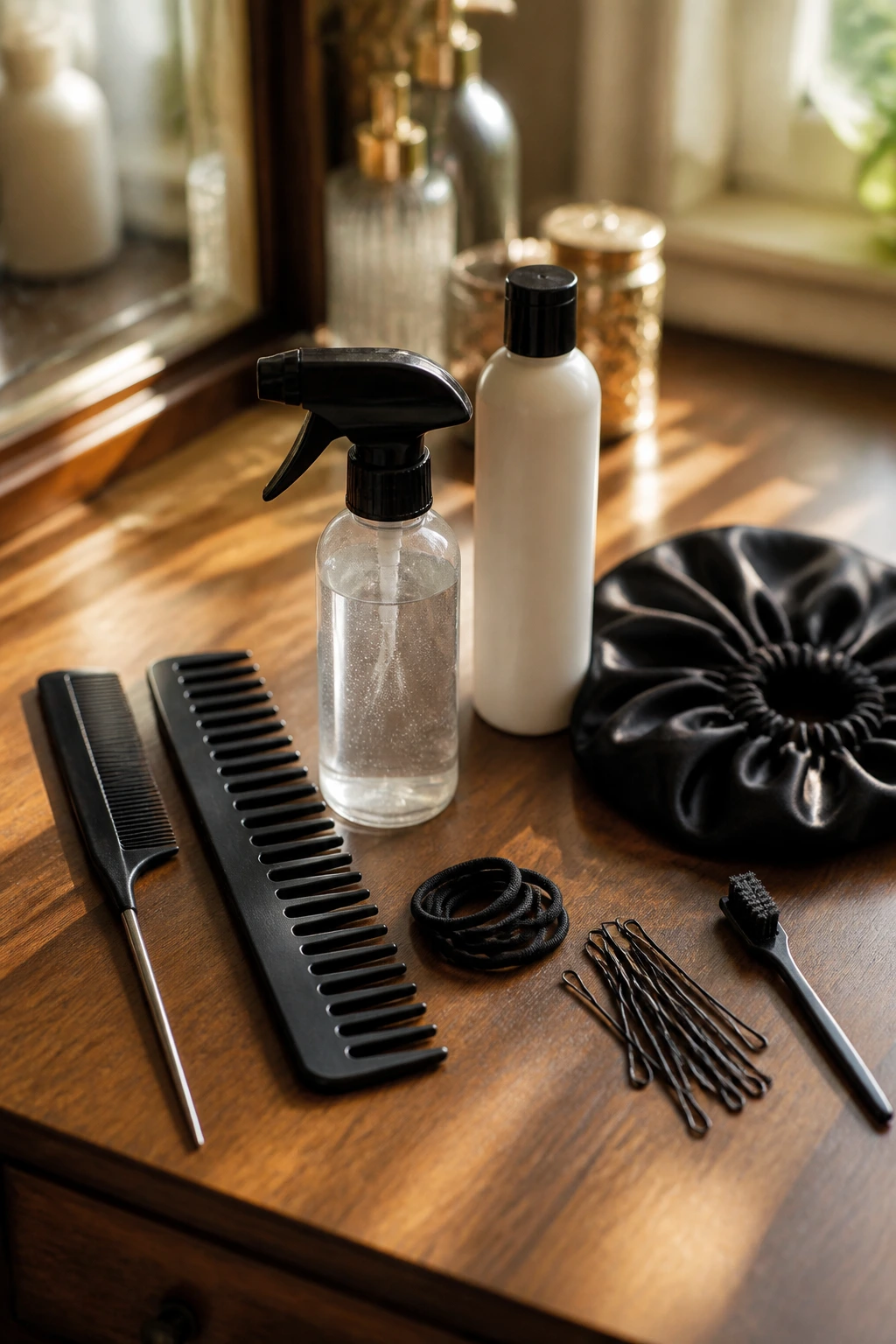 Close-up of hair care tools for cleaner parts and less frizz, including rat-tail comb, wide-tooth comb, spray bottle, leave-in conditioner, elastics, bobby pins, edge brush, satin bonnet.