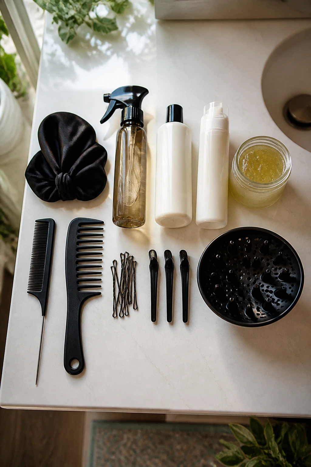 Top-down still life of frohawk styling tools laid out neatly