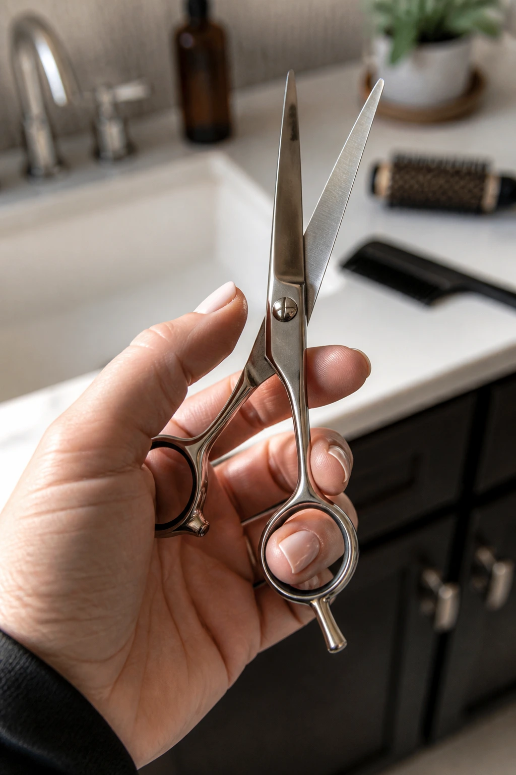 Hand holding sharp haircutting shears in a bathroom setting