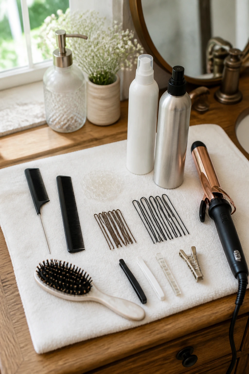 Close-up of assorted hair tools on a wooden vanity ready for half-up styling
