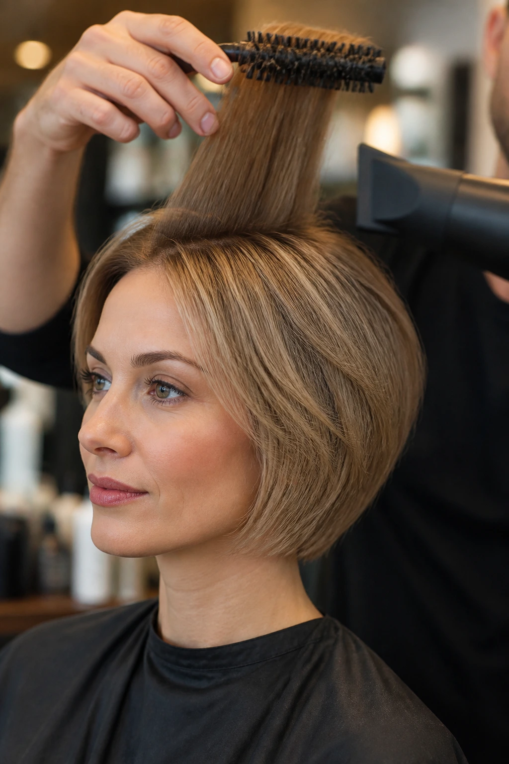 Close-up of a real woman with fine hair styled with tools held by a stylist.